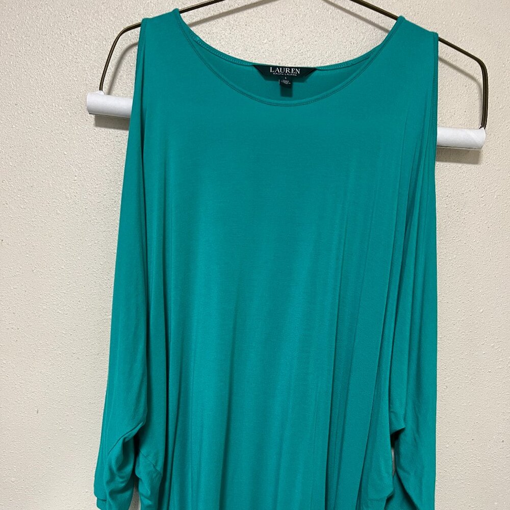 Lauren brand cold shoulder jersey knit top in teal color, size: L